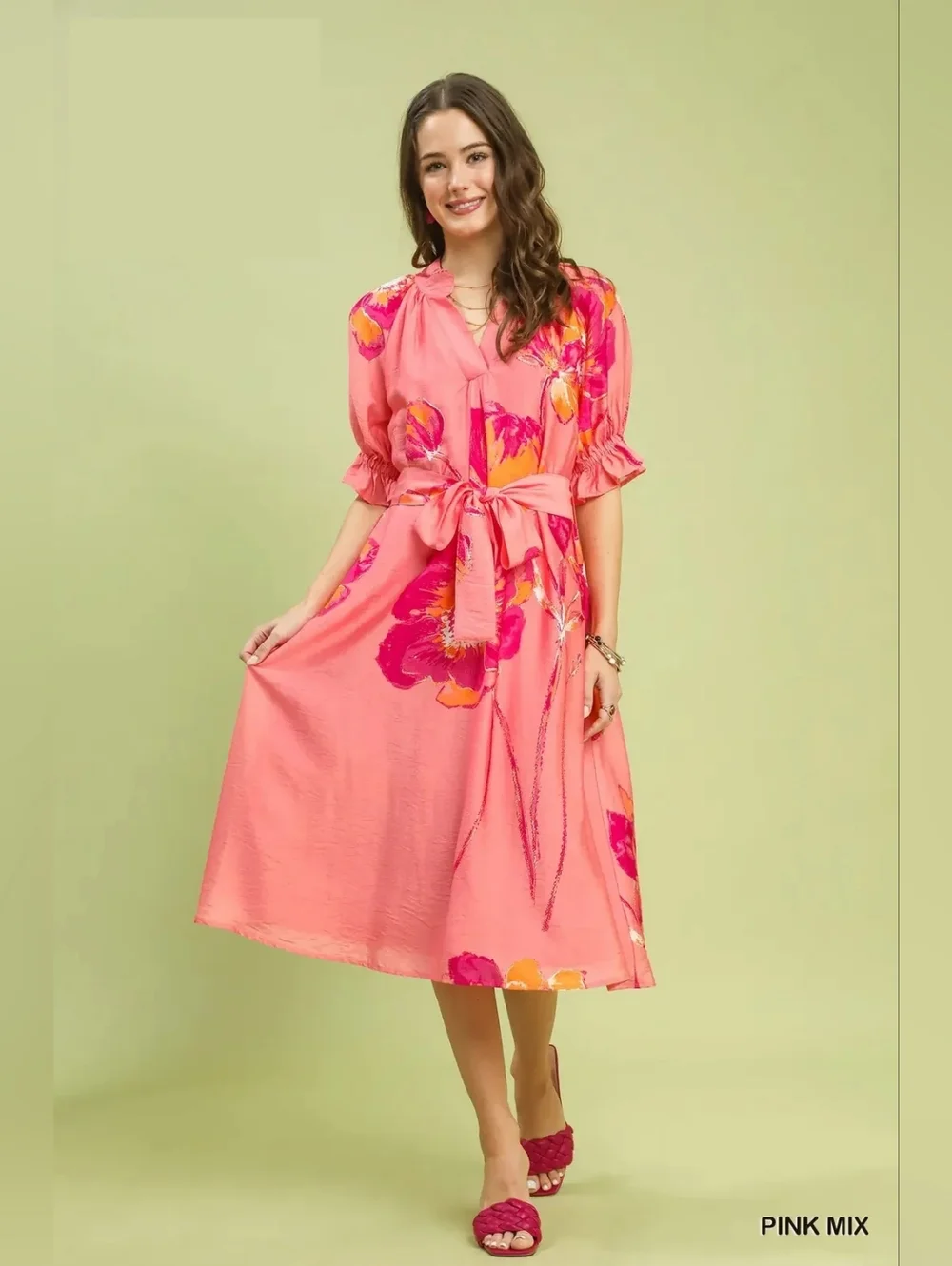 New Arrival!! Umgee Floral Flounce Sleeve Midi Dress with Belted - Picture 3 of 9